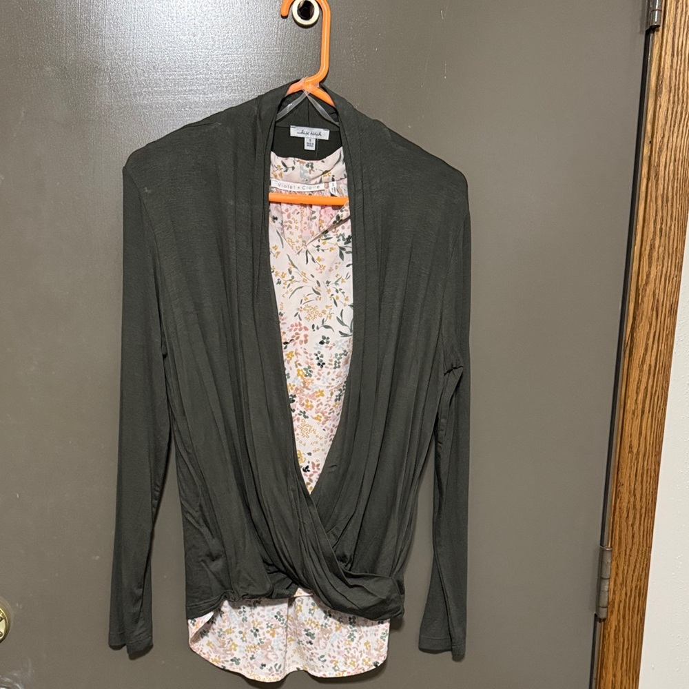 White Birch Green Draped Cardigan and Floral Blouse Set